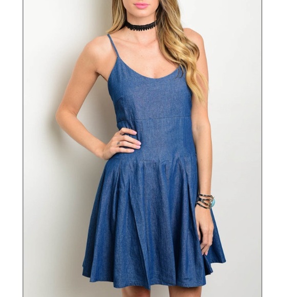 Spaghetti Strap Flared Denim Mini Dress - Navy main image 1